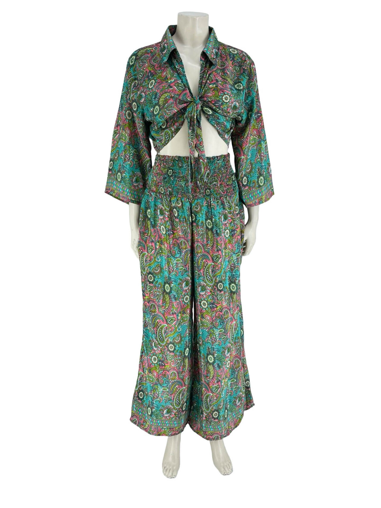 Σετ εμπριμέ φούστα-μπλούζα crop top-πετρόλ