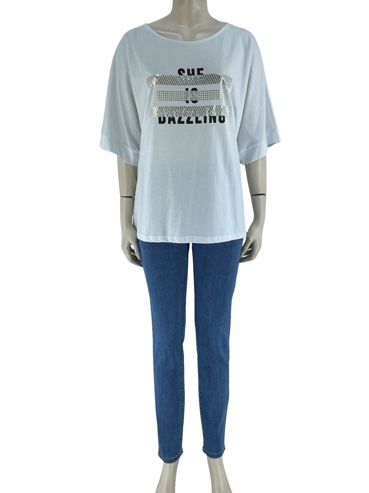 Μπλούζα μονόχρωμη με τύπωμα και στρασάκια