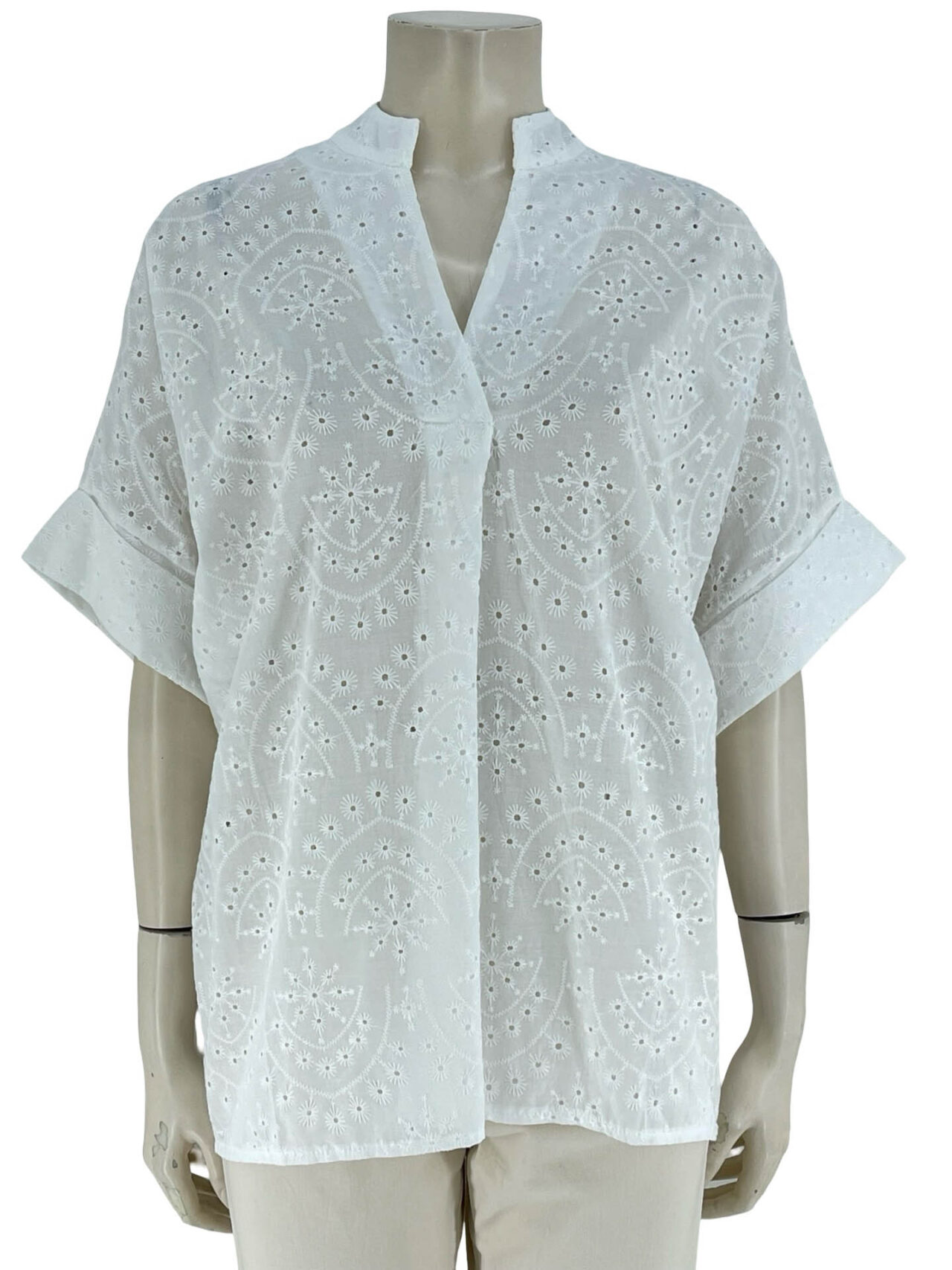 Μπλούζα μπροντερί V με μάο γιακά