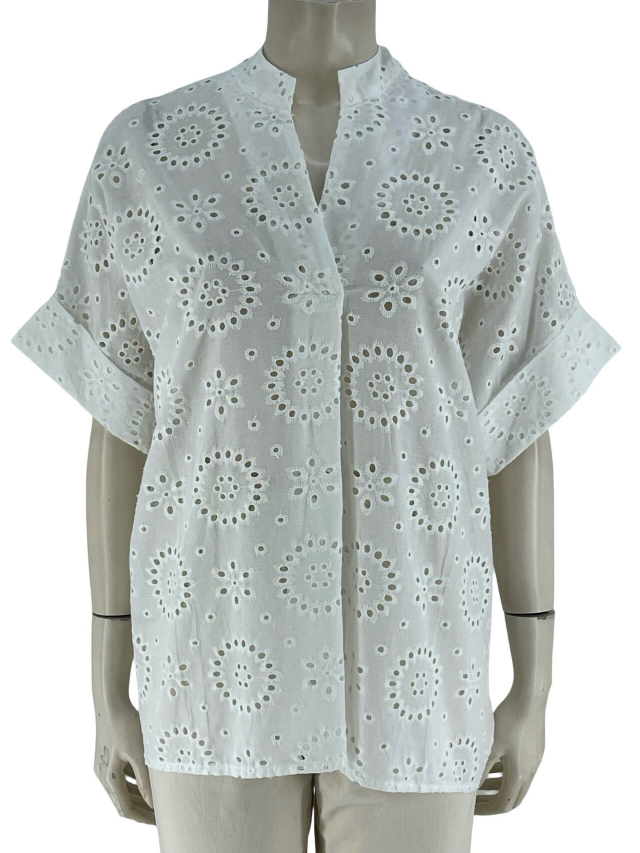 Μπλούζα μπροντερί V με μάο γιακά