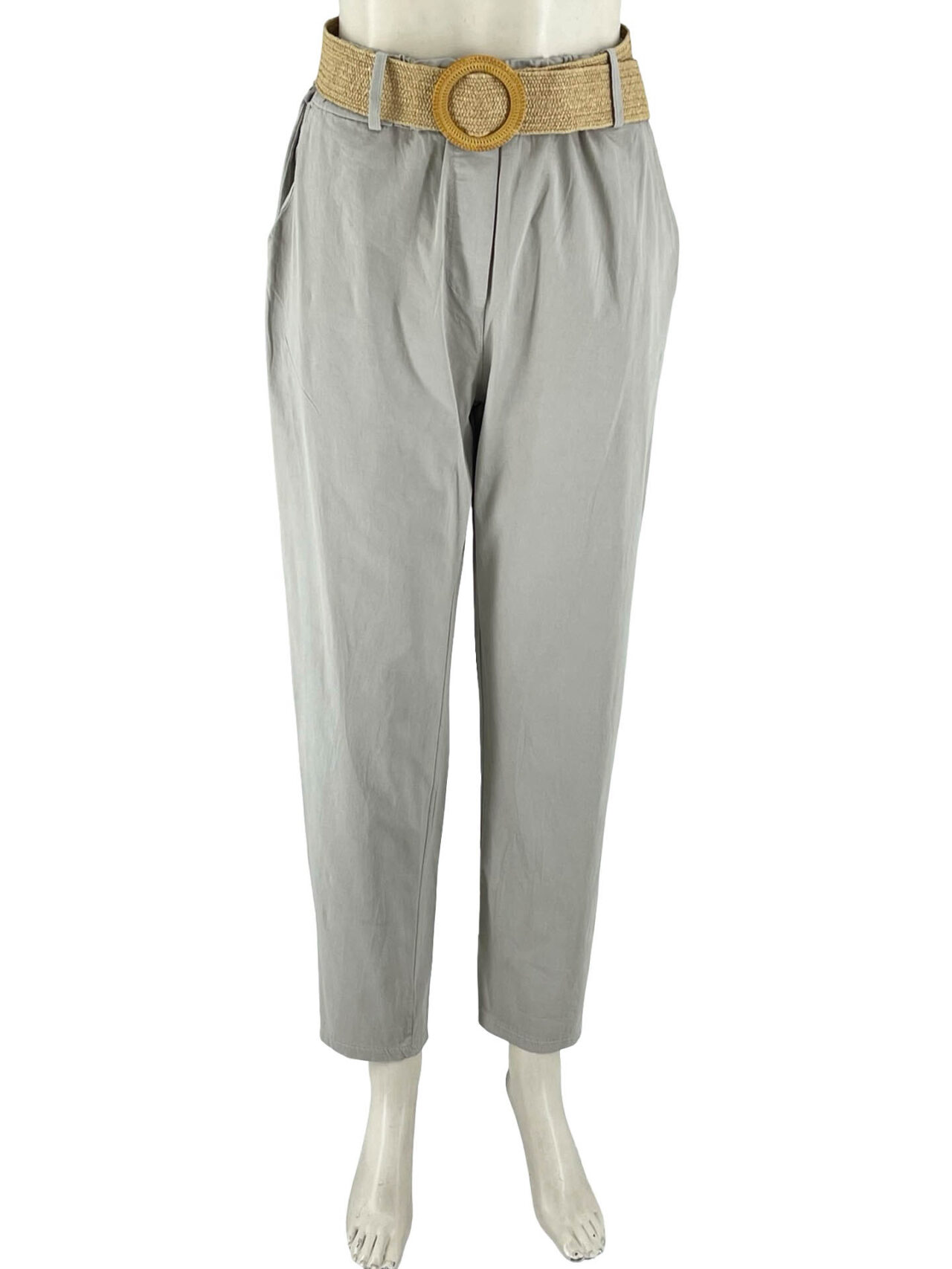 Παντελόνι καπαρντίνα με λάστιχο και ψάθινη ζώνη στη μέση-μπεζ