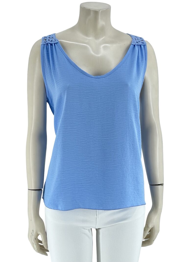 Γυναικεία μπλούζα αμάνικη με σχέδιο στην πλάτη-σιέλ