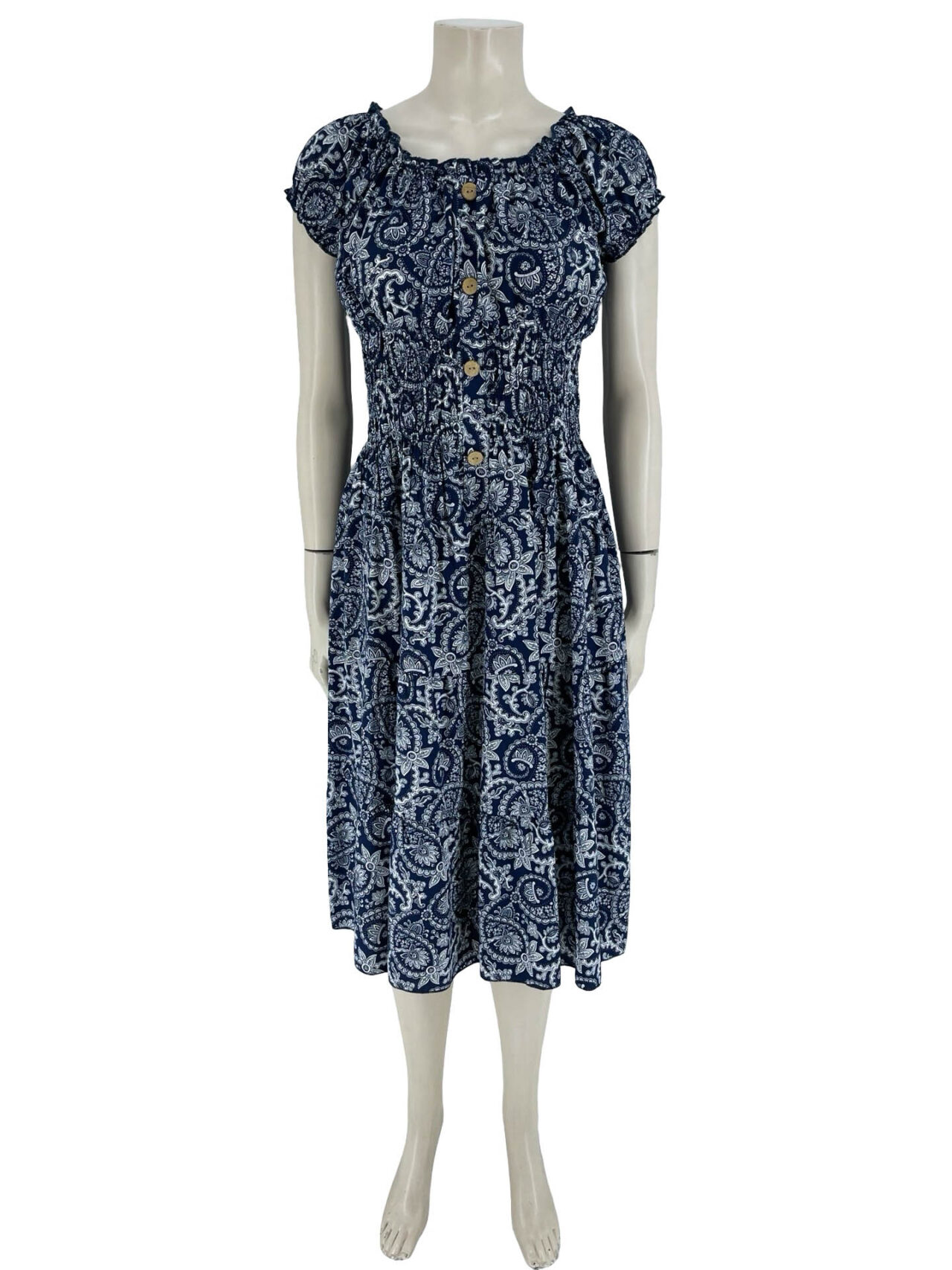 Φόρεμα εμπριμέ με λάστιχο σφηκοφωλιά στην μέση-μπλε-λευκό