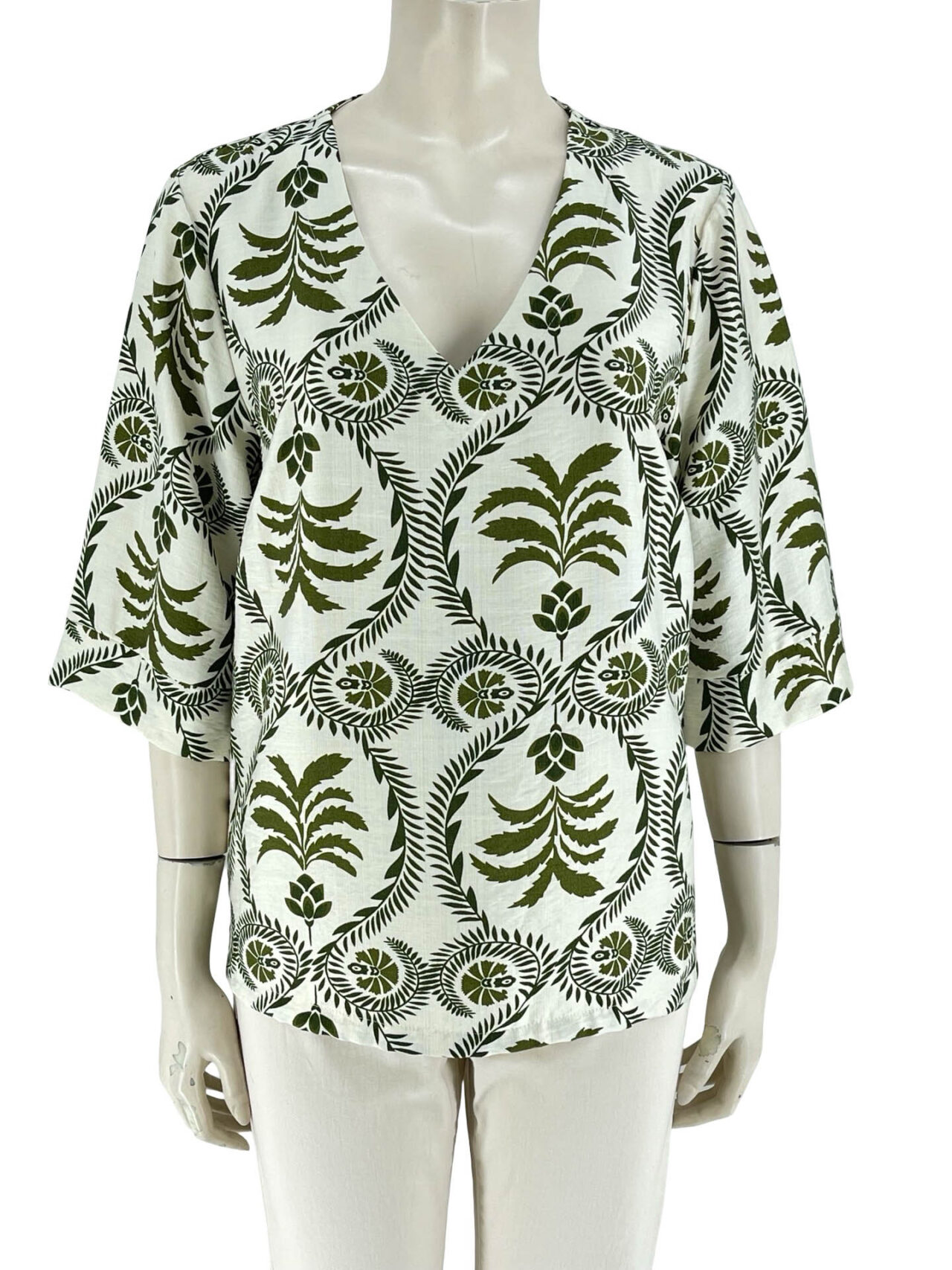 Μπλούζα V εμπριμέ με κορδόνια στα πλαϊνά-χακί-εκρού