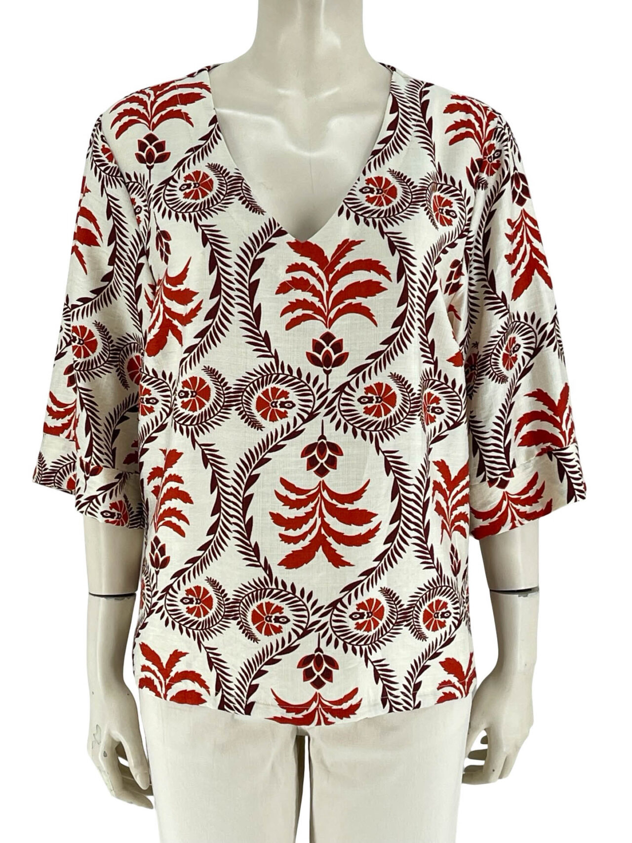 Μπλούζα V εμπριμέ με κορδόνια στα πλαϊνά-κοραλί-εκρού