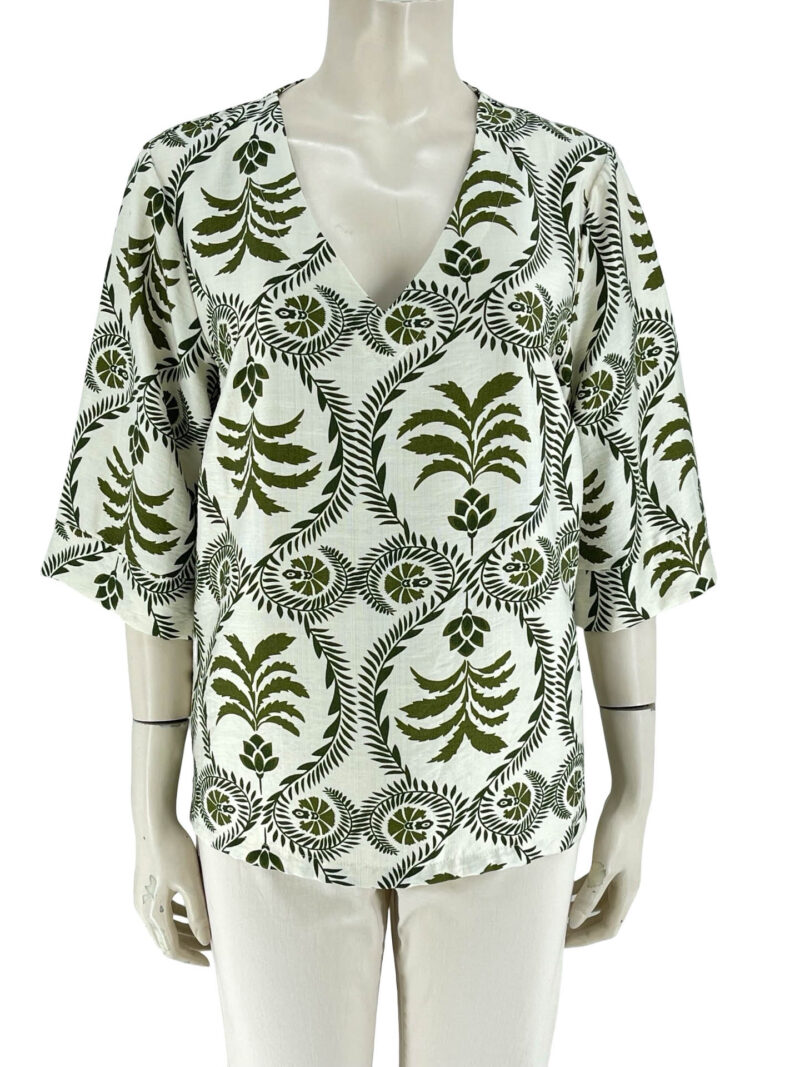 Μπλούζα V εμπριμέ με κορδόνια στα πλαϊνά-χακί-εκρού